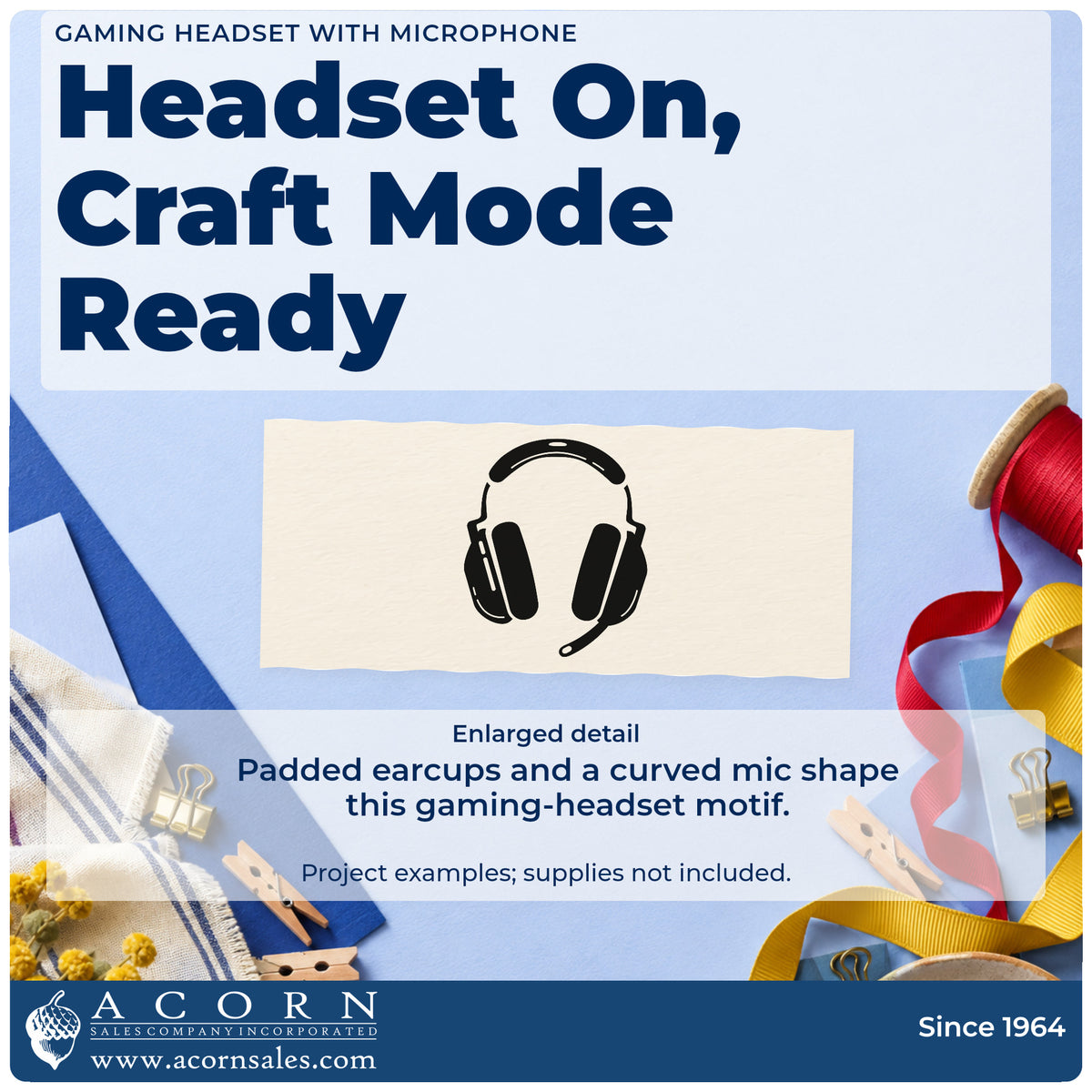 Enlarged detail of the Padded Gamer Headset With Mic PSI Pre-Inked Stamp imprint. A large headset has padded earcups and a curved boom microphone.
