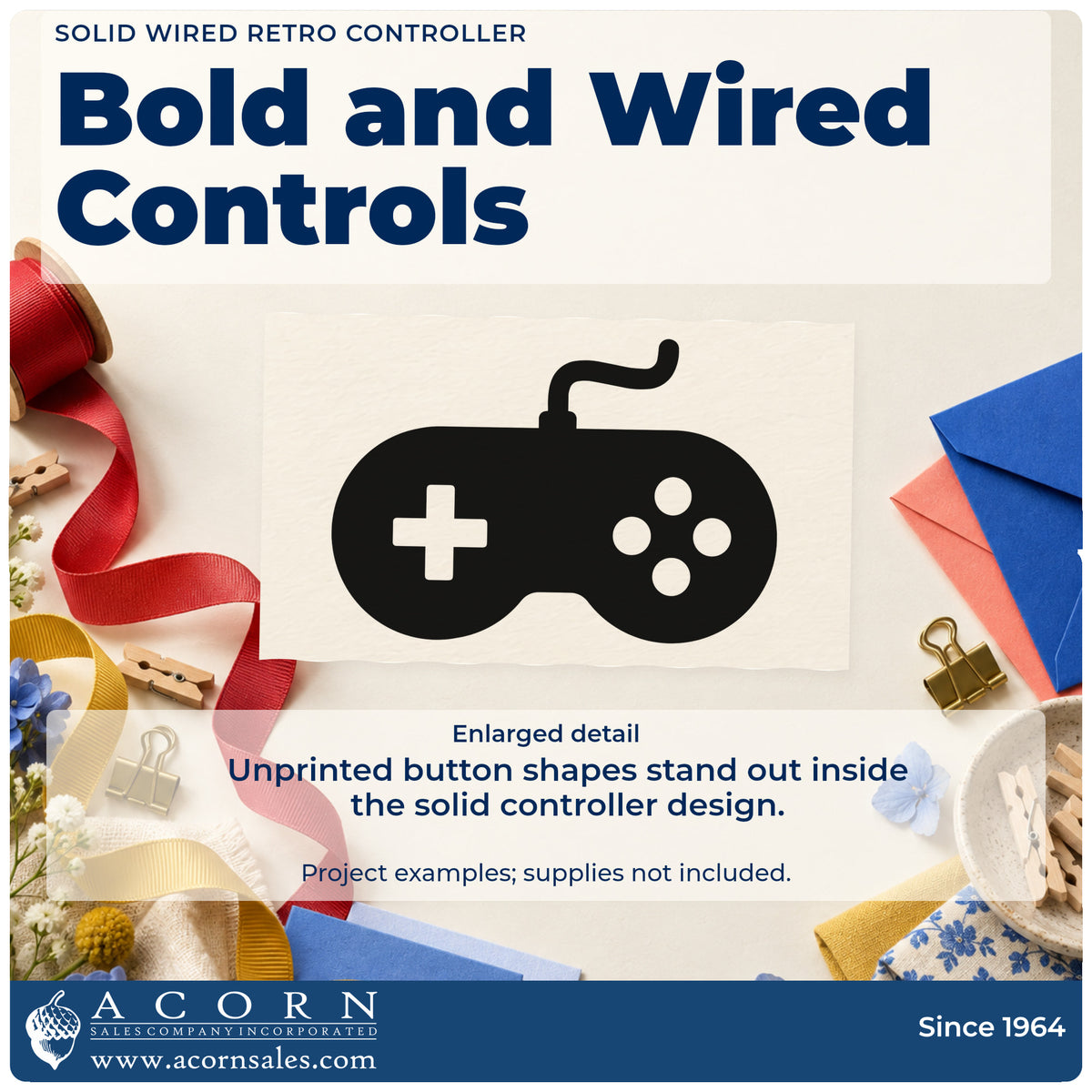 Enlarged detail of the Wired Retro Controller Silhouette Rubber Stamp – Wood Handle imprint. A solid rounded wired controller has a negative-space directional cross and four negative-space buttons.