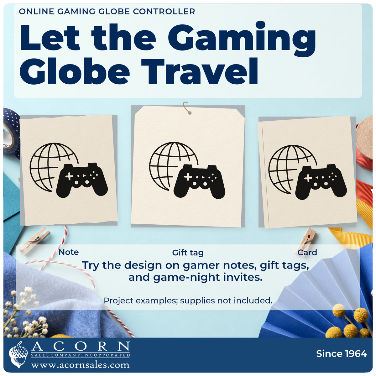 Three project examples made with the Wireframe Globe With Game Controller Slim Pre-Inked Stamp, including time zone sheet.