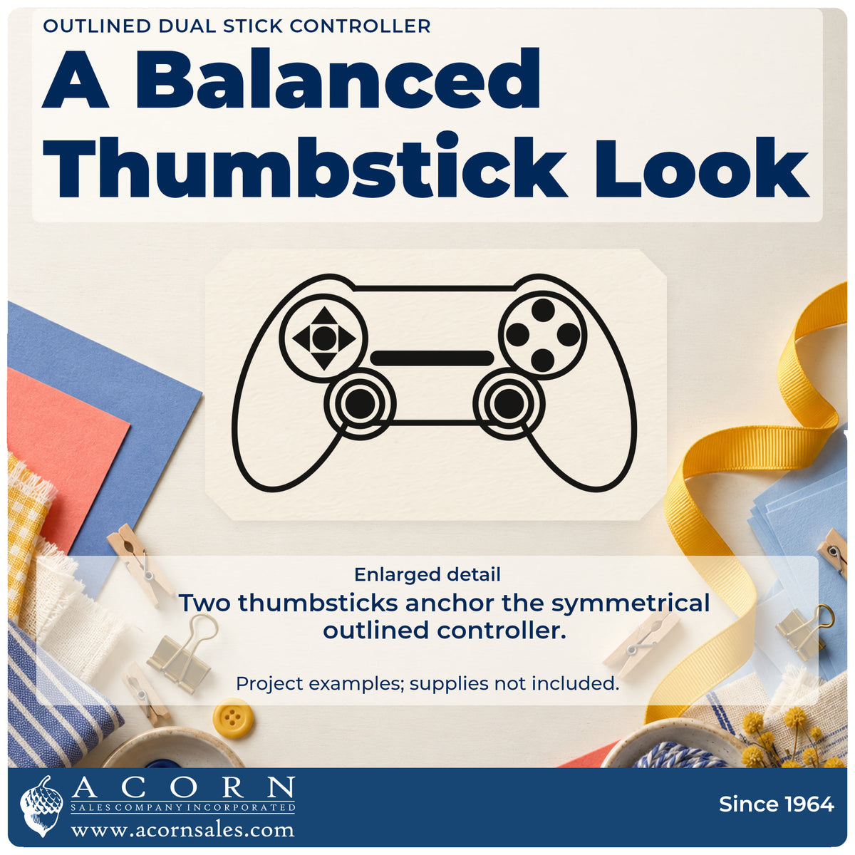 Enlarged detail of the Outlined Dual Stick Controller Craft Stamp – Self-Inking imprint. A symmetrical outlined controller shows two thumbsticks, a directional pad, and circular buttons.