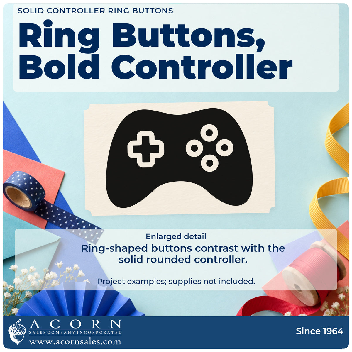 Enlarged detail of the Ring-Button Game Controller Silhouette Stamp – Duo Hand imprint. A solid rounded controller contains a negative-space outlined cross and four ring buttons.