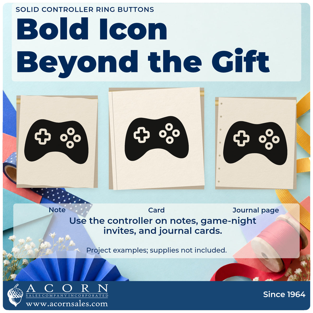 Three project examples made with the Ring-Button Game Controller Silhouette Slim Pre-Inked Stamp, including drop plan sheet.