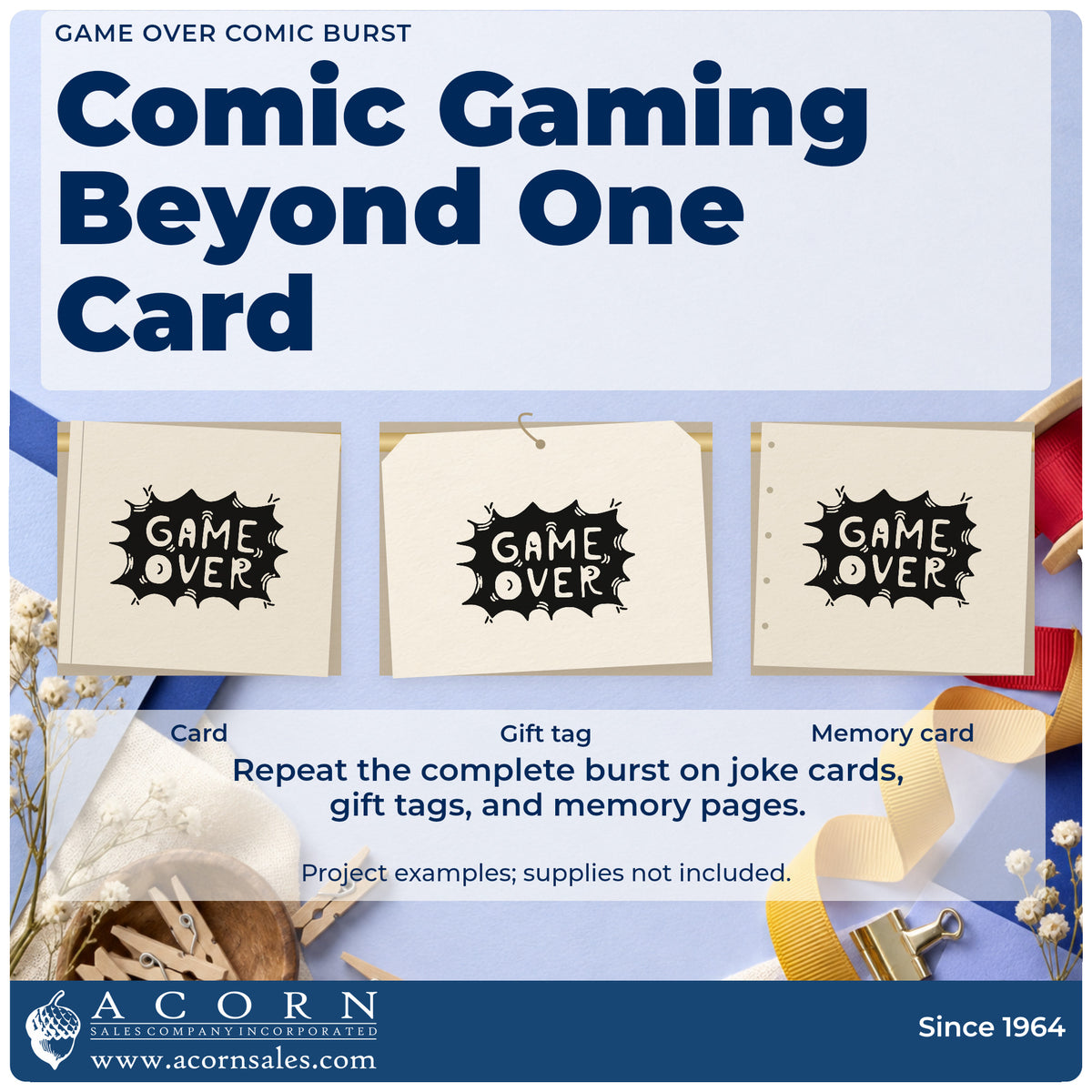 Three project examples made with the Game Over Comic Burst Lettering Premium Wooden Stamp – Vintage Pro, including party run sheet.