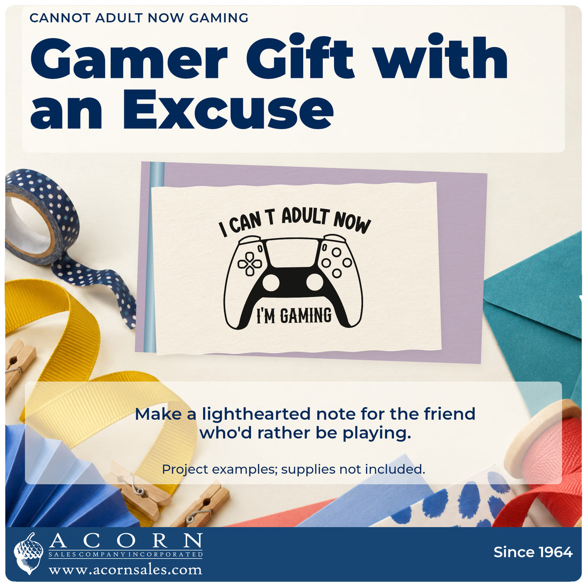A finished handmade project stamped with the Cannot Adult Now Gaming Game Controller Rubber Stamp – Wood Handle, ideal for first flat album page.