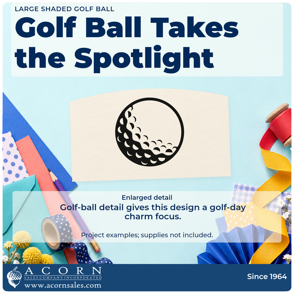 Enlarged detail of the Self-Inking Shaded Golf Ball Stamp imprint. A large circular golf ball shows curved dimple shapes and a dark shaded lower edge.