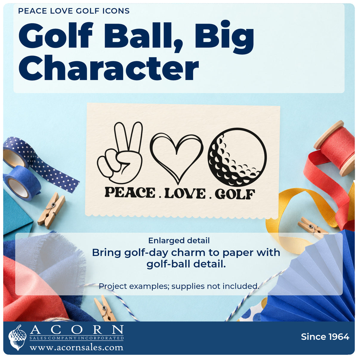 Enlarged detail of the Peace Love Golf Icons With Hearts PSI Pre-Inked Stamp imprint. A peace-sign hand, outlined heart, and golf ball appear above PEACE. LOVE. GOLF.
