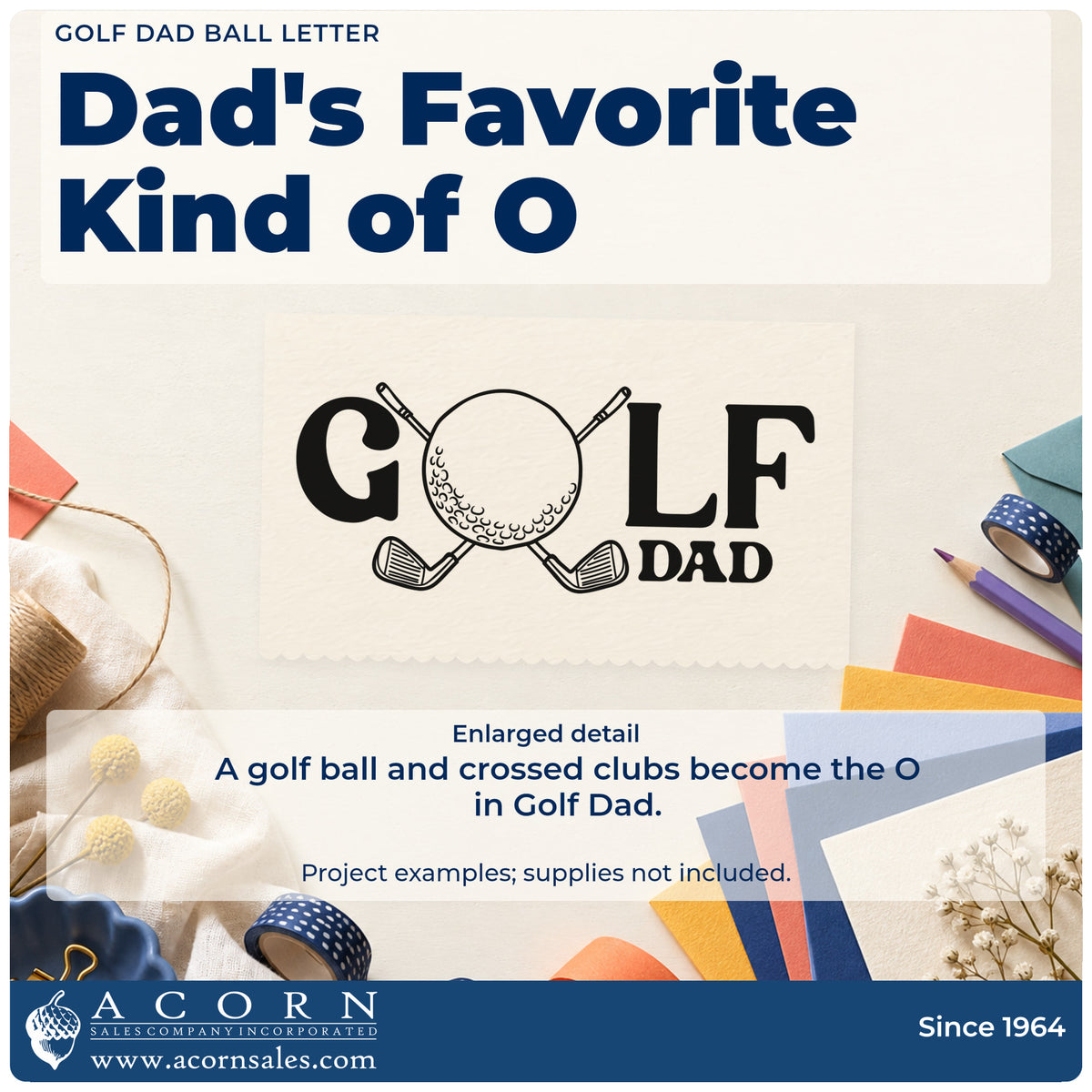 Enlarged detail of the Golf Dad Ball And Clubs Typography Rubber Stamp – Duo Hand imprint. GOLF DAD uses a golf ball and crossed clubs in place of the O.