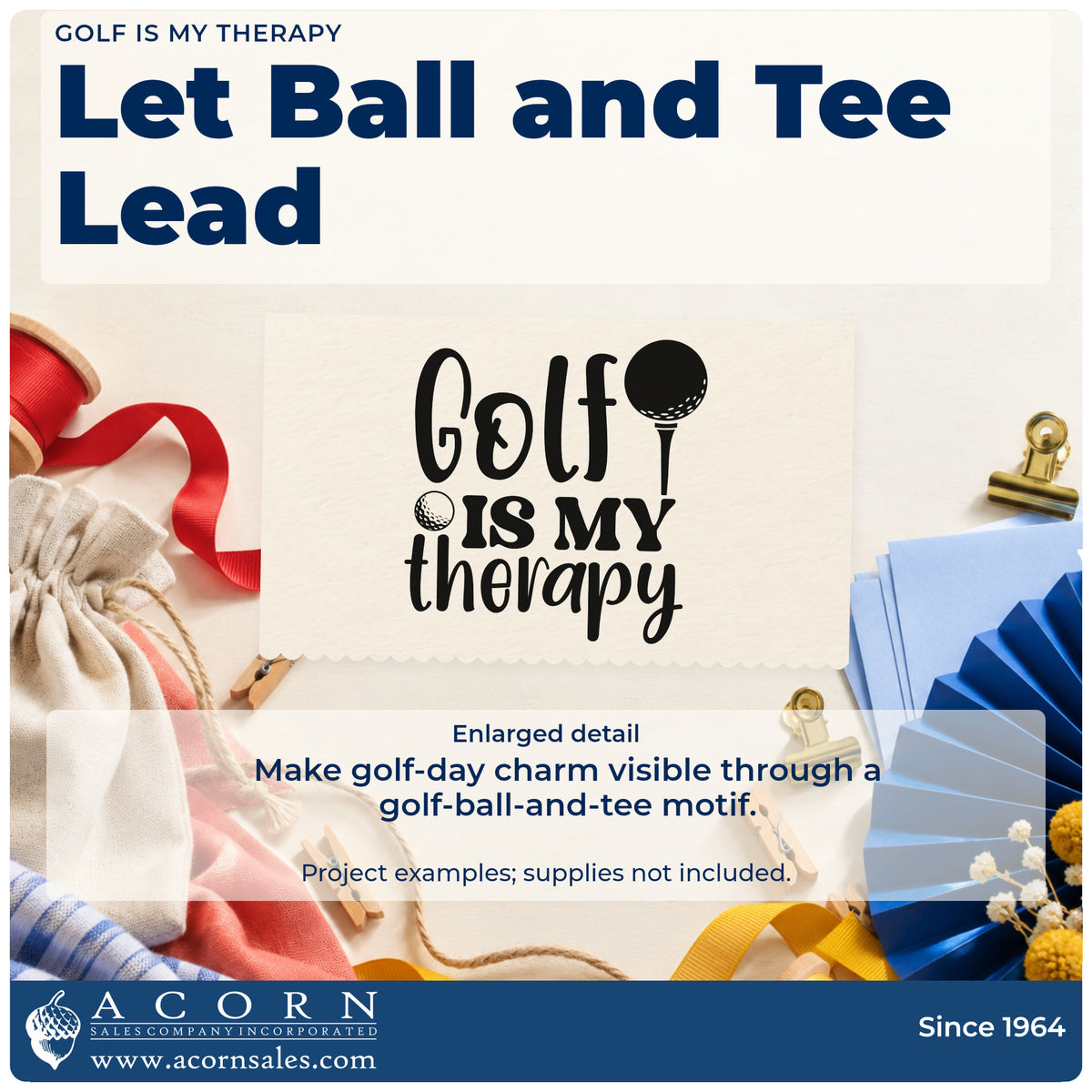 Enlarged detail of the Golf Is My Therapy Rubber Stamp – Wood Handle imprint. Golf IS MY therapy appears with a golf ball on a tee and a small loose ball.