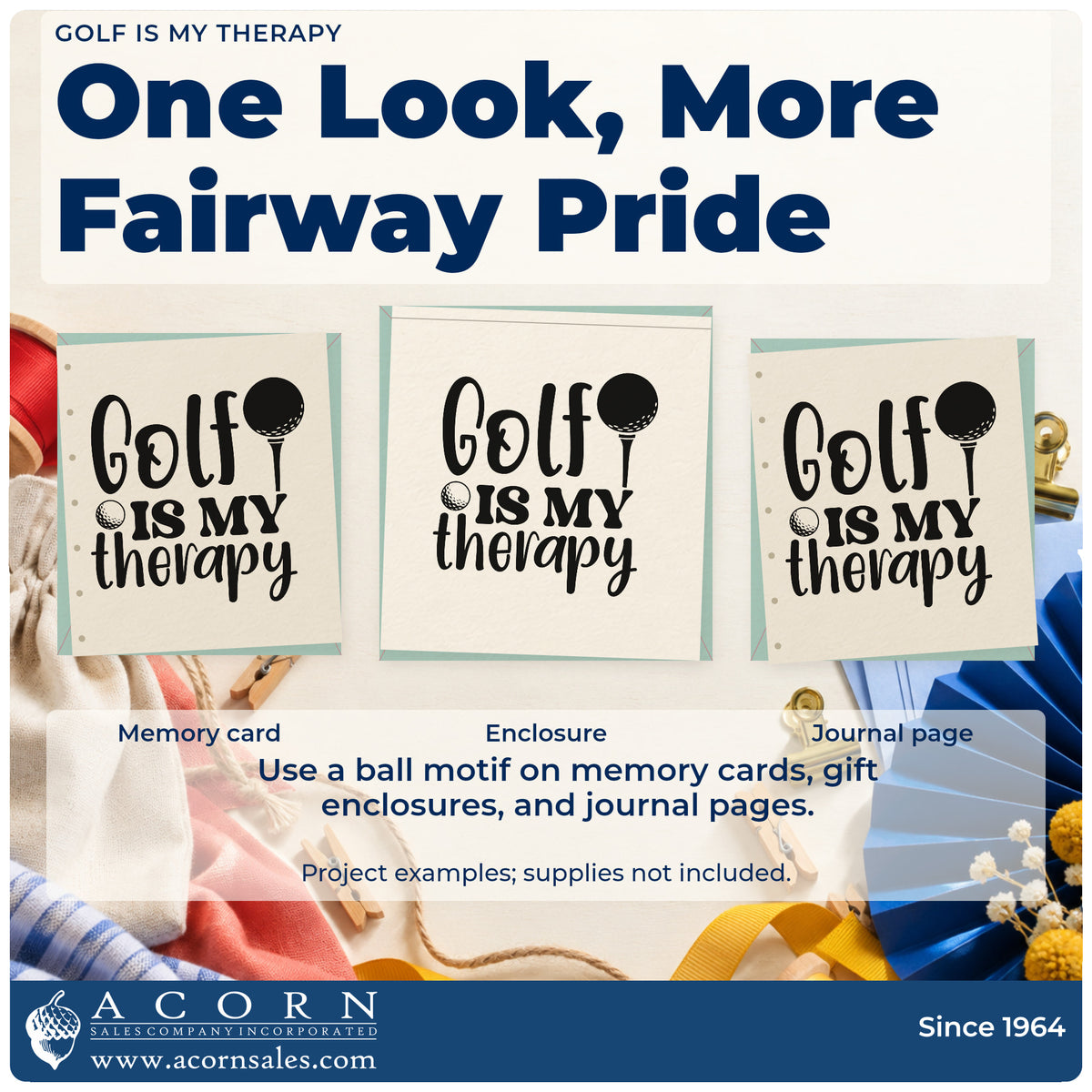 Three project examples made with the Golf Is My Therapy Pre-Inked Stamp – Slim, including session log sheet.