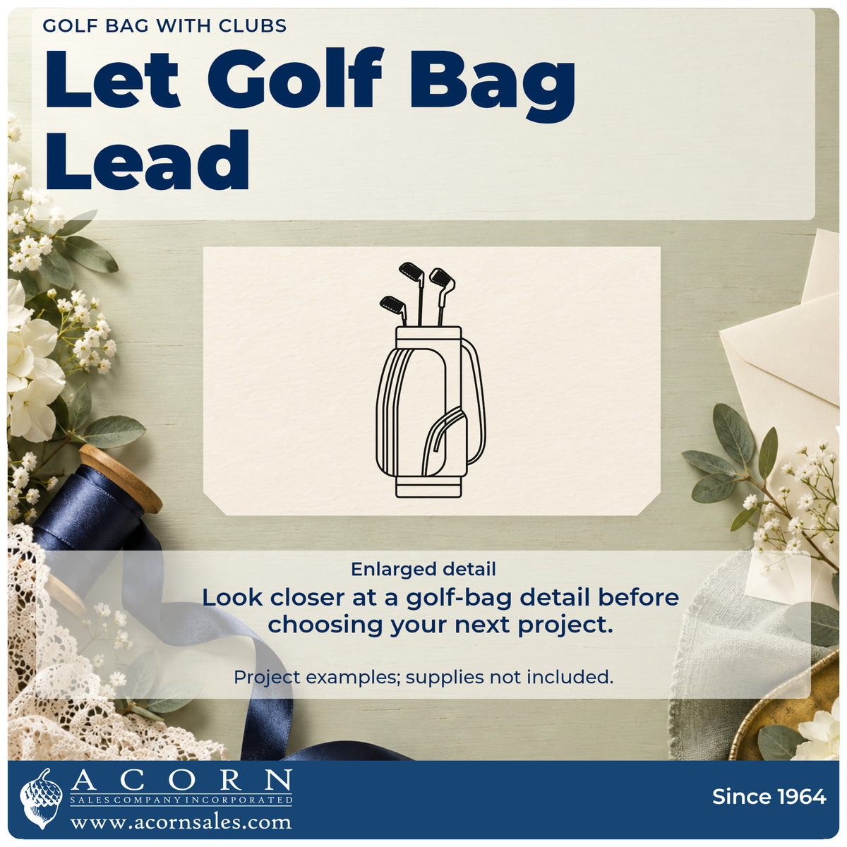 Enlarged detail of the Premium Wooden Golf Bag With Clubs Outline Detail Stamp – Vintage Pro imprint. An outlined upright golf bag holds three clubs and has a curved side pocket.