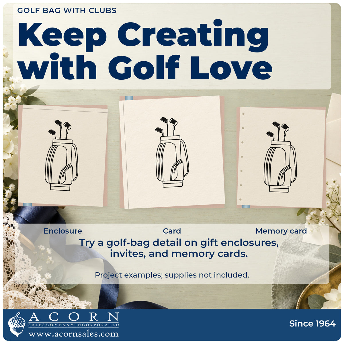 Three project examples made with the Premium Wooden Golf Bag With Clubs Outline Detail Stamp – Vintage Pro, including spec record sheet.