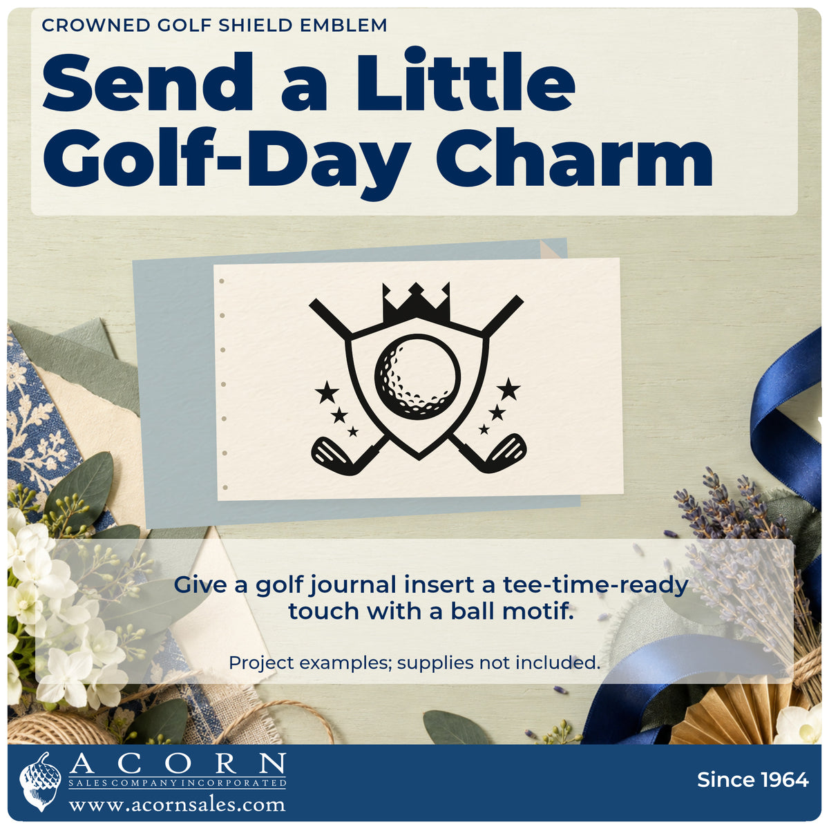 A finished handmade project stamped with the Crowned Golf Shield Emblem Self-Inking Stamp, ideal for championship album page.