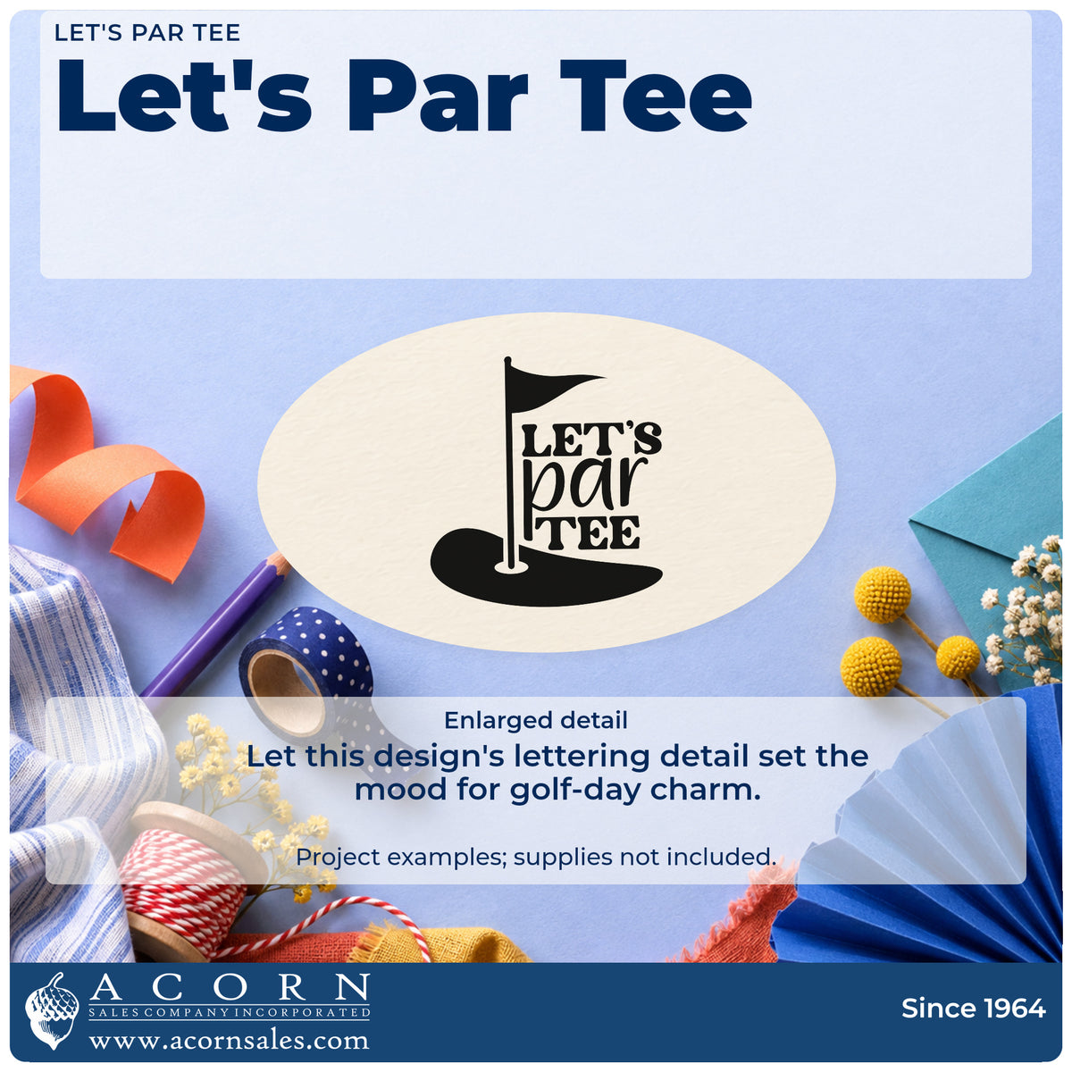Enlarged detail of the Let's Par Tee Putting Green Flag Stamp – Wood Handle imprint. LET'S par TEE appears beside a tall golf flag planted in a dark putting green.