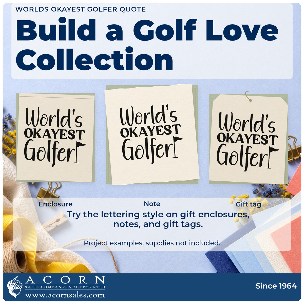 Three project examples made with the Worlds Okayest Golfer Quote Self-Inking Craft Stamp, including score improve sheet.