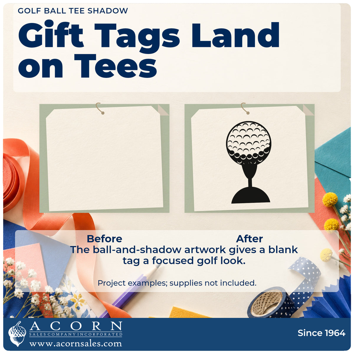 Before and after of a plain item finished with the Dimpled Golf Ball Tee Silhouette Wood-Mounted Rubber Stamp, a quick upgrade for framed sorting shed.