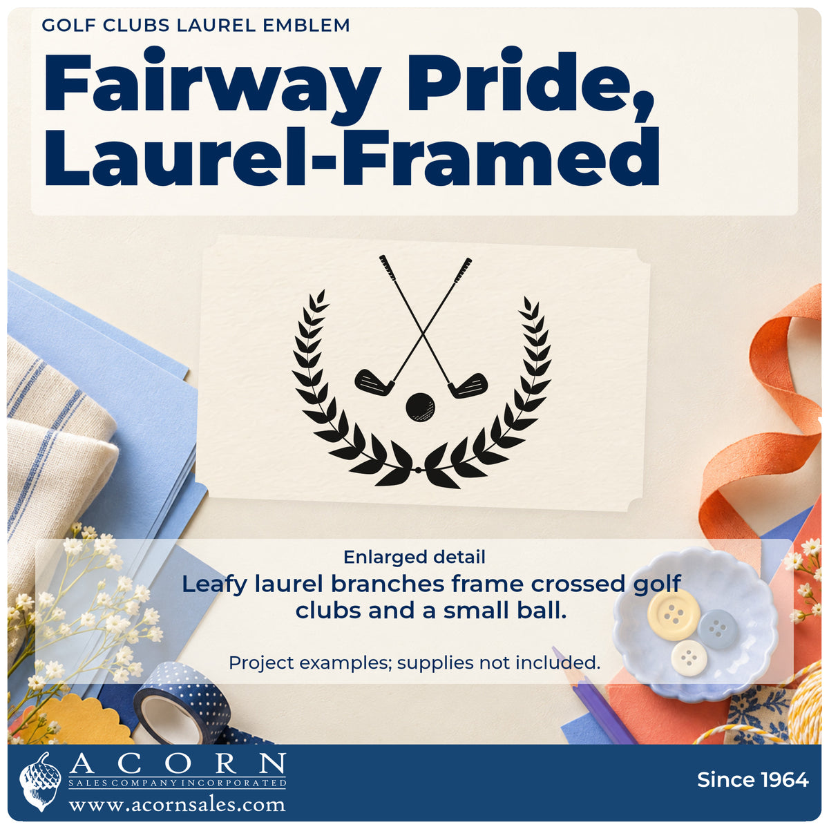 Enlarged detail of the Golf Clubs Laurel Emblem Stamp – Duo Hand imprint. Crossed golf clubs and a small ball are framed by two leafy laurel branches.