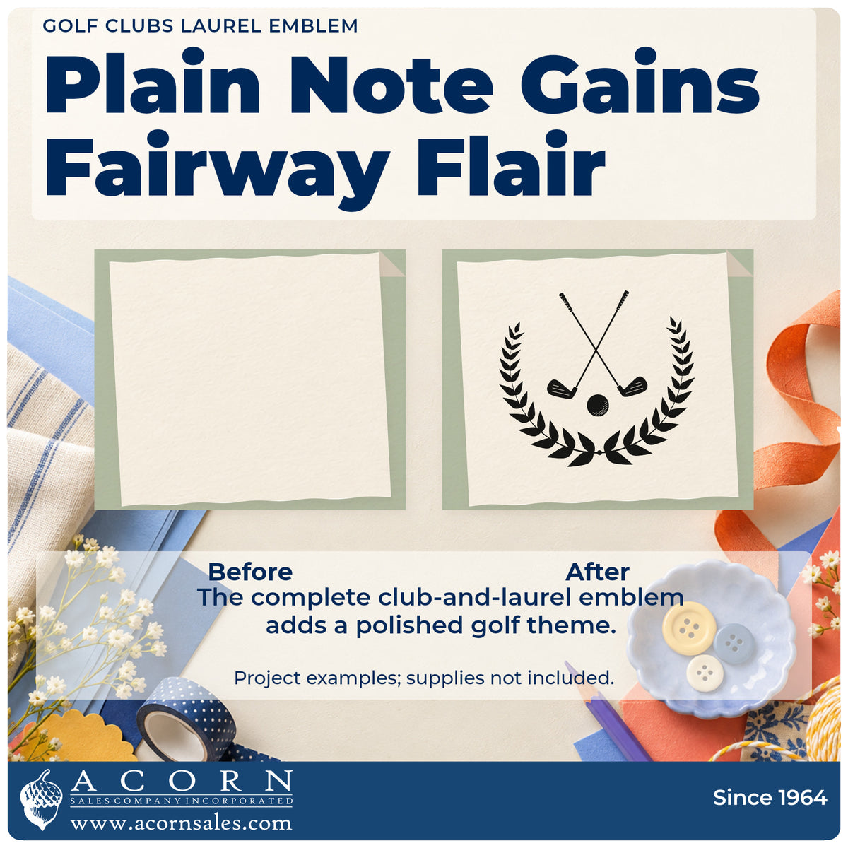Before and after of a plain item finished with the Golf Clubs Laurel Emblem Stamp – Duo Hand, a quick upgrade for framed club corridor.
