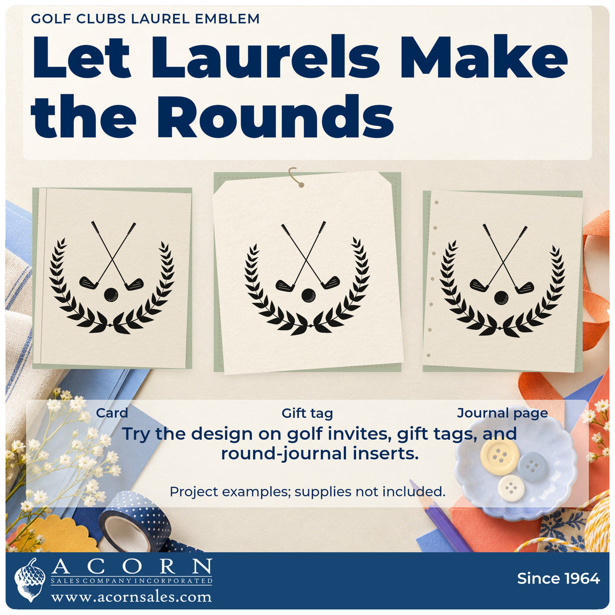 Three project examples made with the Golf Clubs Laurel Emblem Pre-Inked Stamp – PSI, including history time sheet.