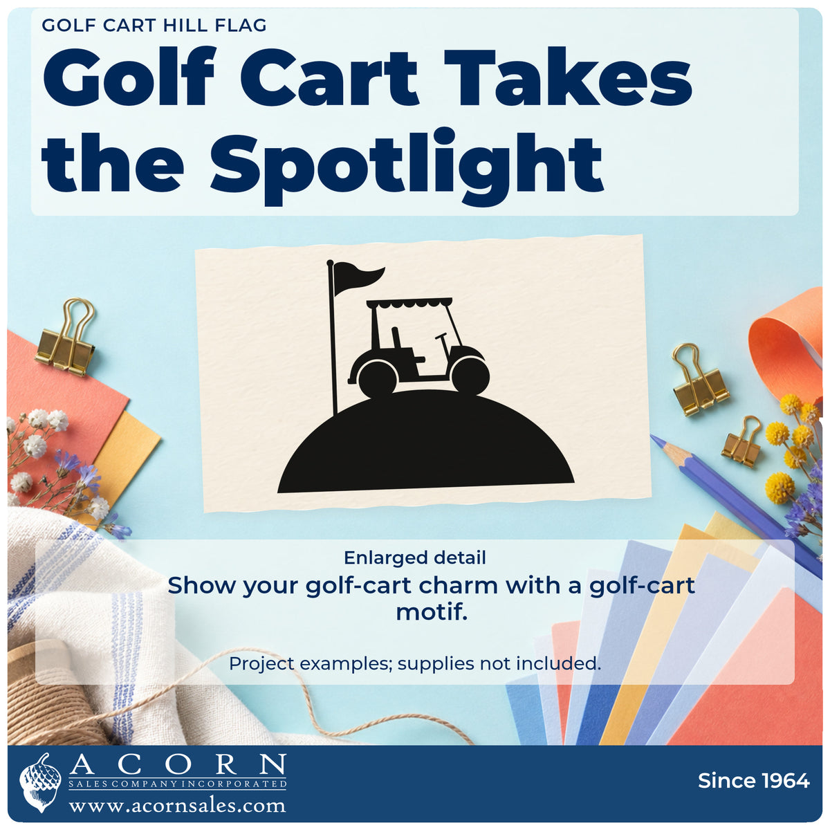 Enlarged detail of the Golf Cart On A Hill By Flag Wood Handle Stamp imprint. A small golf cart sits on a rounded hill beside a tall flag.