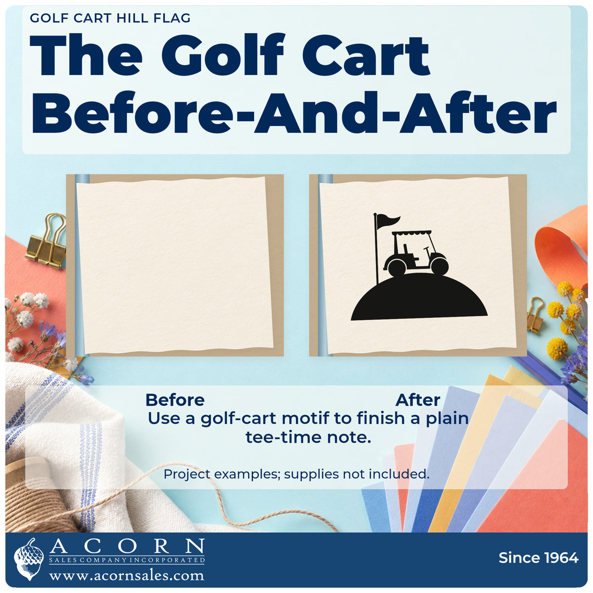 Before and after of a plain item finished with the Golf Cart On A Hill By Flag Wood Handle Stamp, a quick upgrade for framed maintenance shed.