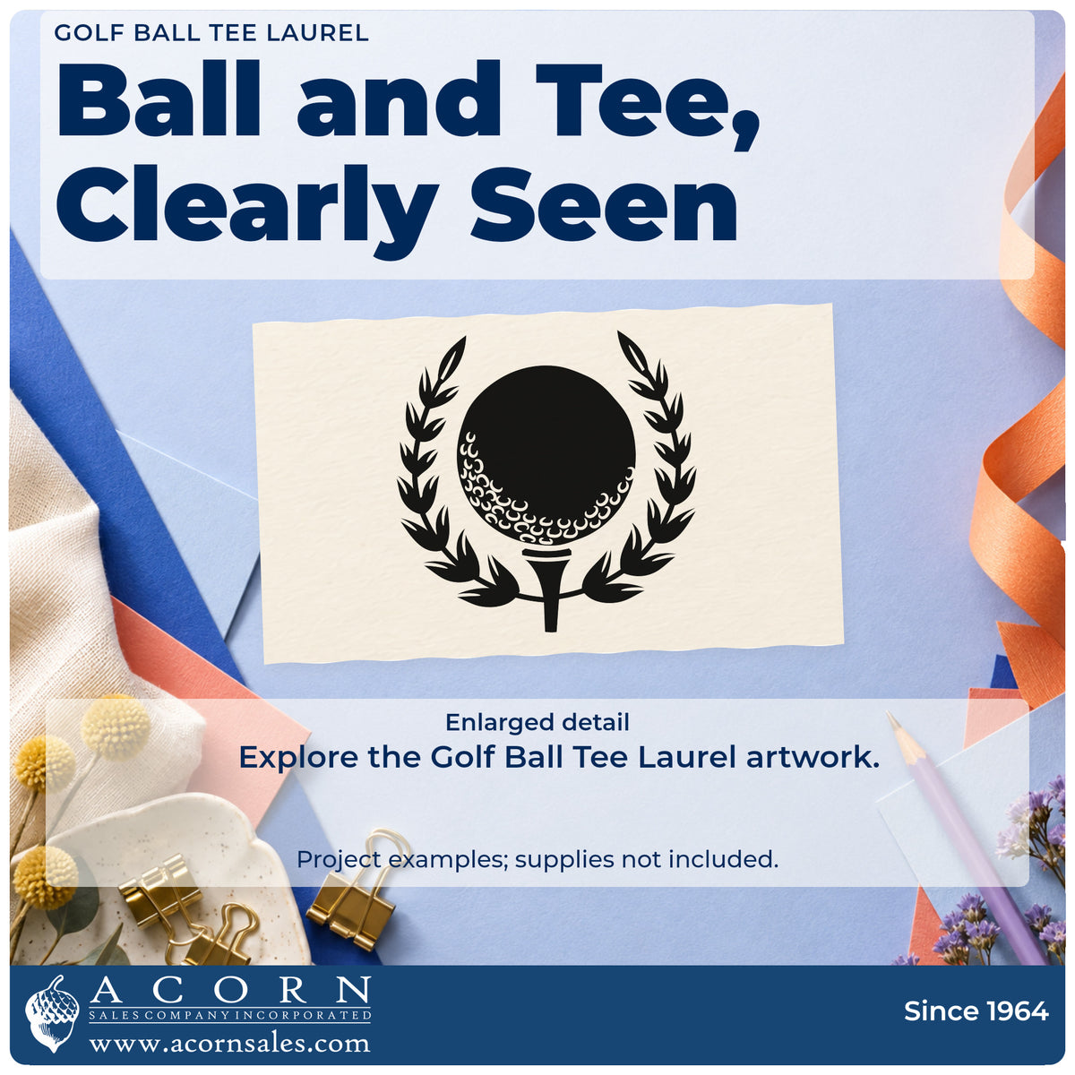 Enlarged detail of the Golf Ball Tee Laurel Rubber Stamp – Duo Hand imprint. A dark shaded golf ball on a tee sits between leafy laurel branches.