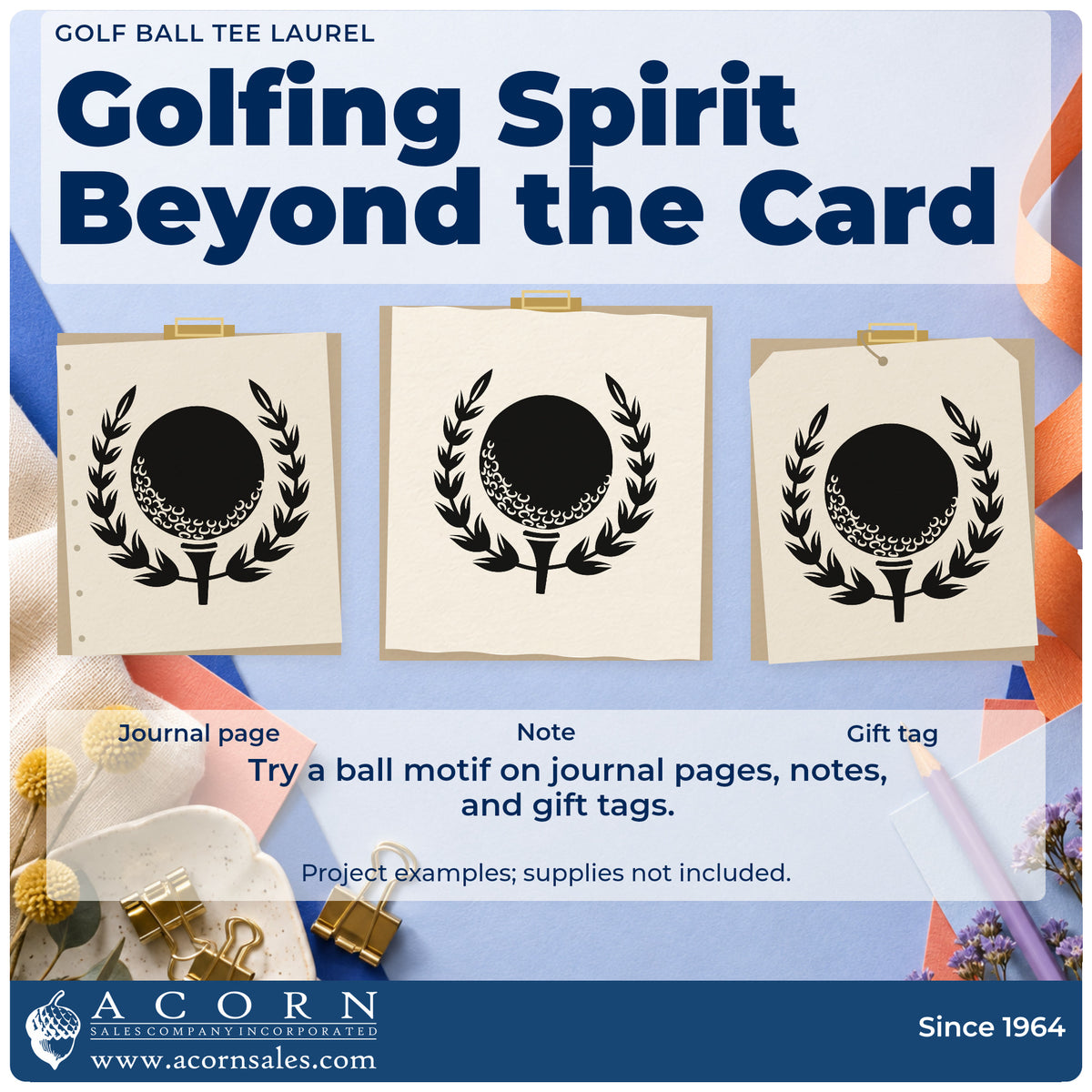 Three project examples made with the Golf Ball Tee Laurel Rubber Stamp – Duo Hand, including flight score sheet.