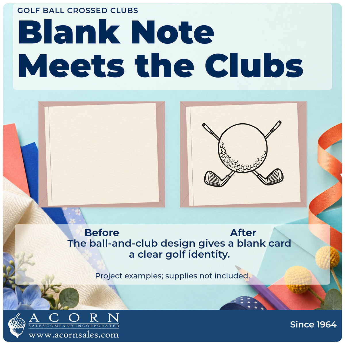 Before and after of a plain item finished with the Golf Ball Crossed Clubs Outline Detail Slim Pre-Inked Stamp, a quick upgrade for framed starter hut.