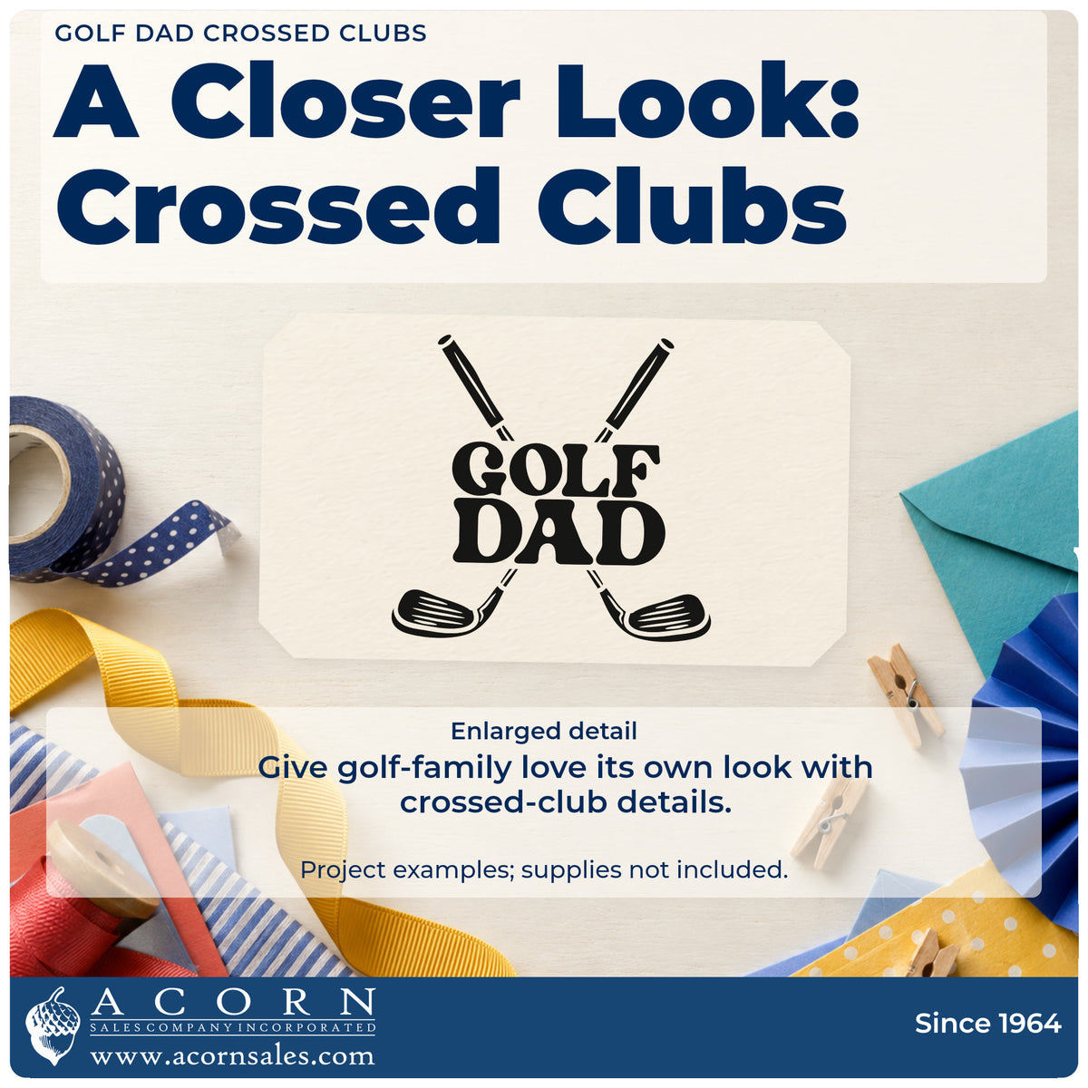 Enlarged detail of the Golf Dad Crossed Clubs Block Lettering Pre-Inked Stamp – Slim imprint. GOLF DAD appears in bold capitals over two crossed golf clubs.