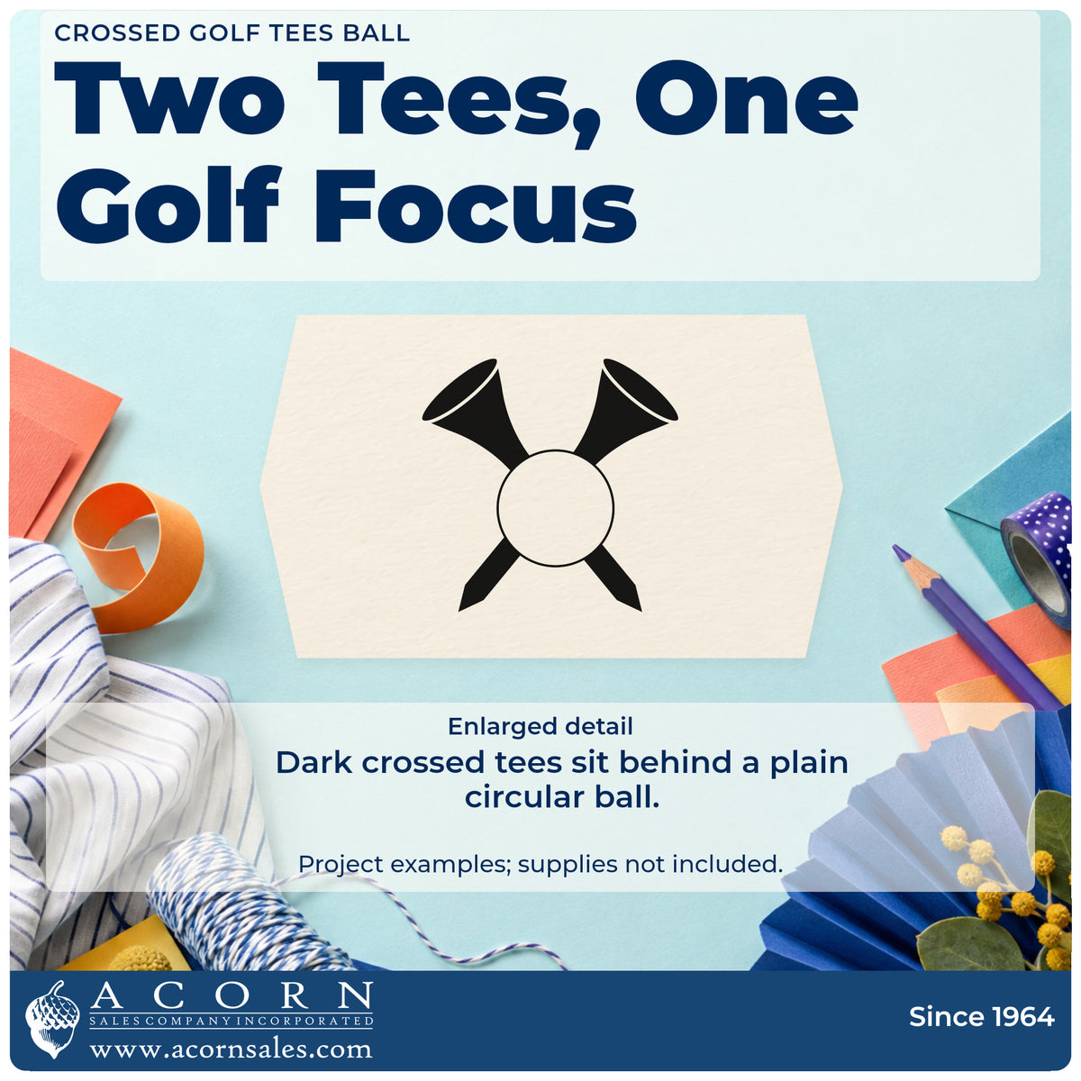Enlarged detail of the Golf Ball With Two Crossed Tees Wood Handle Stamp imprint. Two large dark golf tees cross behind an unfilled circular ball.