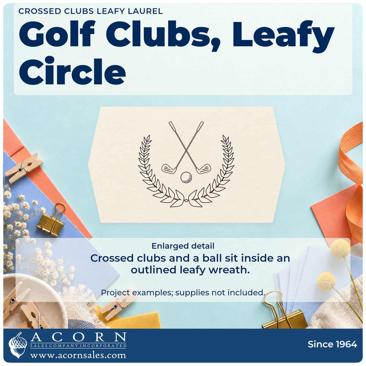 Enlarged detail of the Golf Clubs In A Leaf Wreath Self-Inking Stamp imprint. Two crossed golf clubs and a small ball sit inside an outlined leafy wreath.