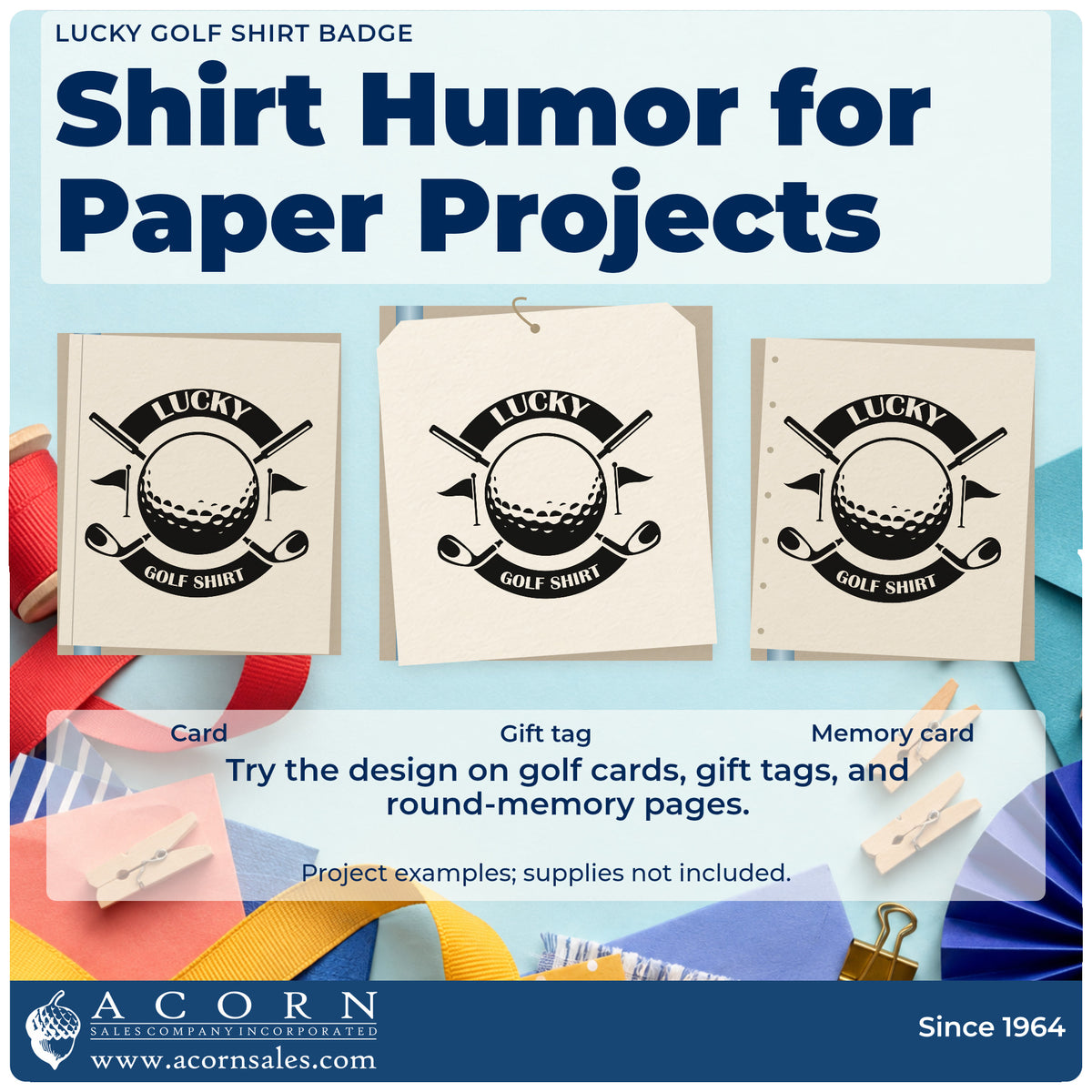 Three project examples made with the Lucky Golf Shirt Slim Pre-Inked Stamp, including round log sheet.