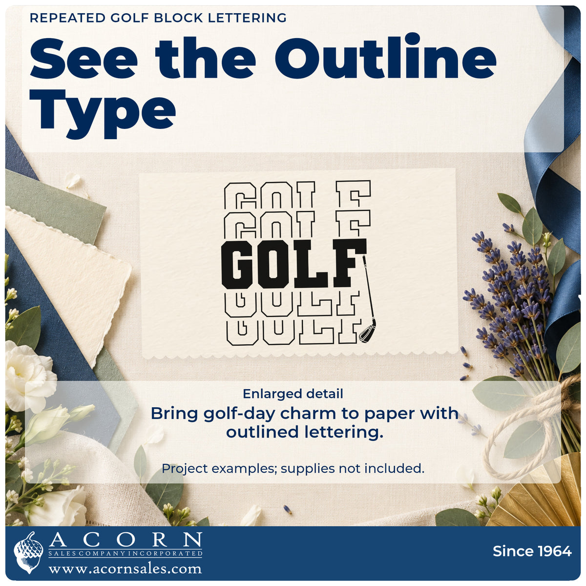 Enlarged detail of the Repeated Golf Block Word Art Hand Stamp – Duo imprint. Five stacked versions of GOLF alternate outlined and solid lettering beside a golf club.