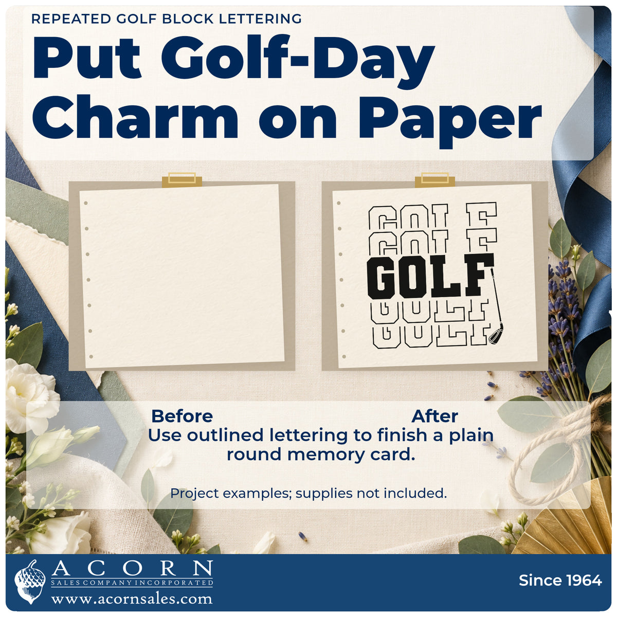 Before and after of a plain item finished with the Repeated Golf Block Word Art Hand Stamp – Duo, a quick upgrade for framed bar wall.