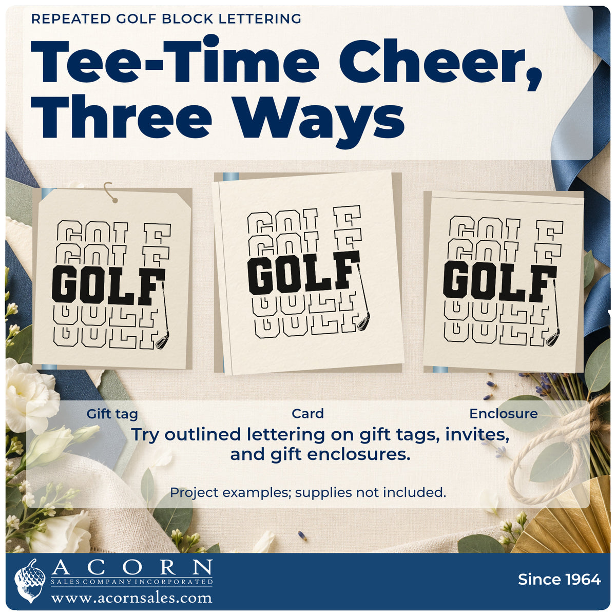 Three project examples made with the Repeated Golf Block Word Art Hand Stamp – Duo, including weekly score sheet.