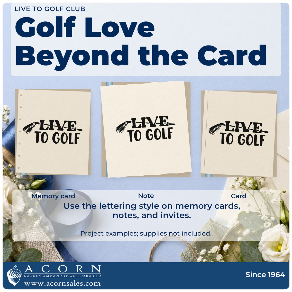 Three project examples made with the Live To Golf Club Slim Pre-Inked Stamp, including tee time sheet.