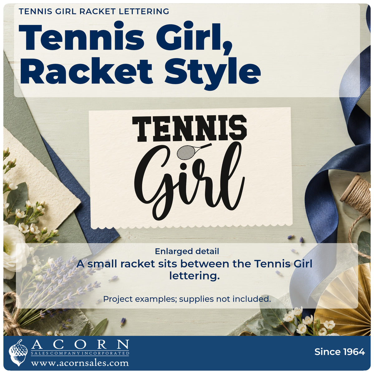 Enlarged detail of the Tennis Girl Racket Word Art Rubber Stamp – Duo Hand imprint. TENNIS Girl appears with a small tennis racket between the words.