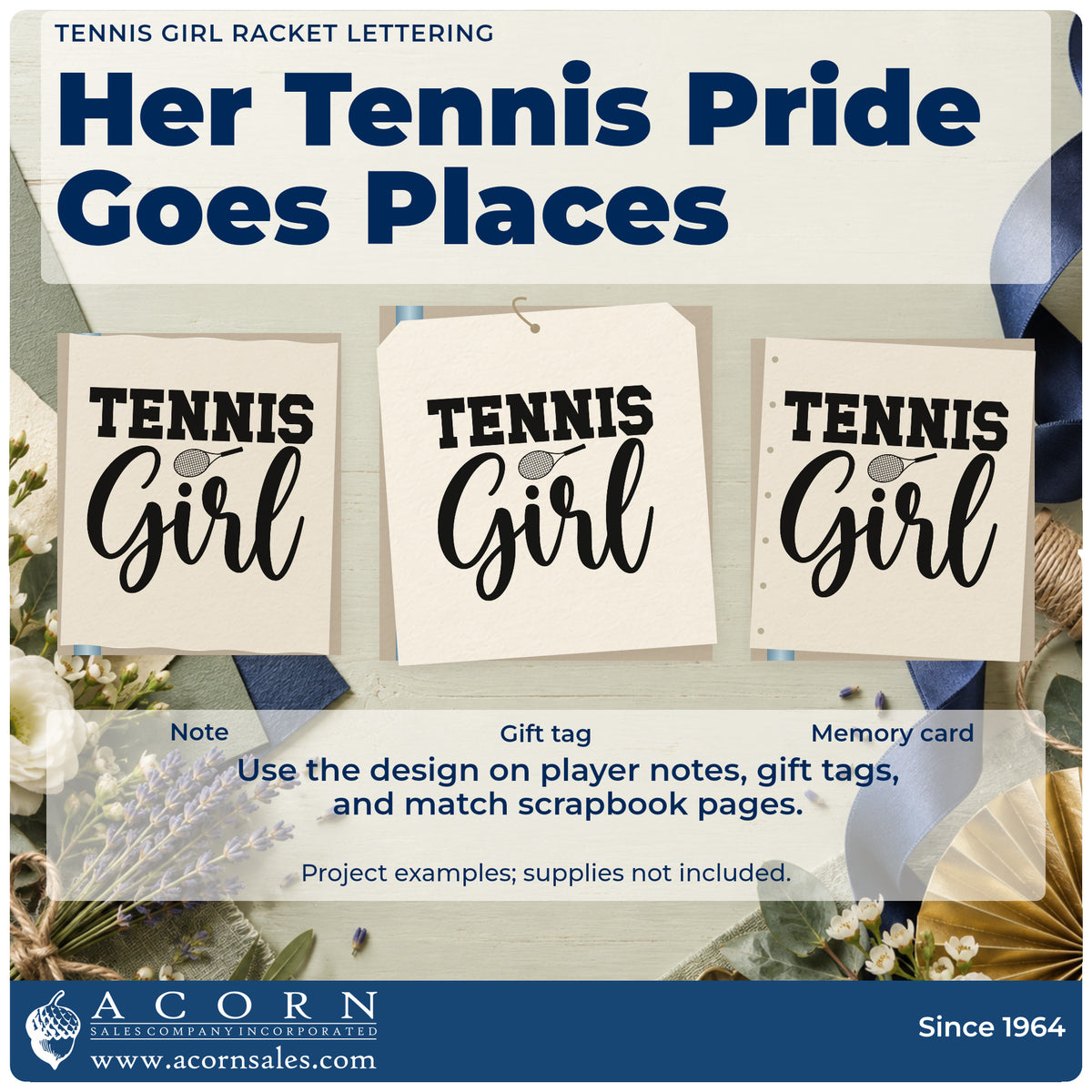 Three project examples made with the Wood Handle Tennis Girl Racket Word Art Rubber Stamp, including match result sheet.