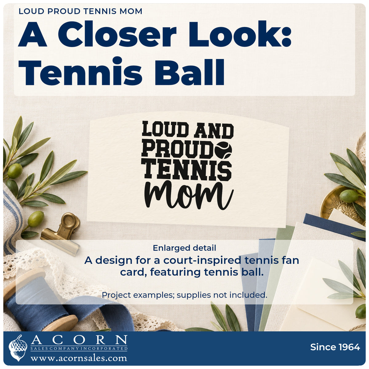 Enlarged detail of the Duo Hand Loud Proud Tennis Mom Rubber Stamp imprint. LOUD AND PROUD TENNIS mom appears with a small tennis ball.