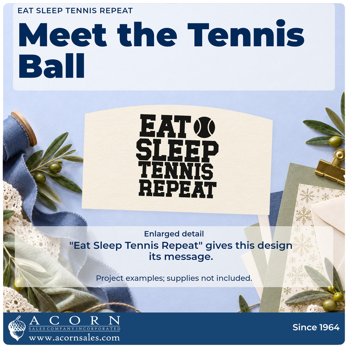 Enlarged detail of the Eat Sleep Tennis Repeat Pre-Inked Stamp – PSI imprint. EAT SLEEP TENNIS REPEAT appears in stacked athletic lettering with a tennis ball.