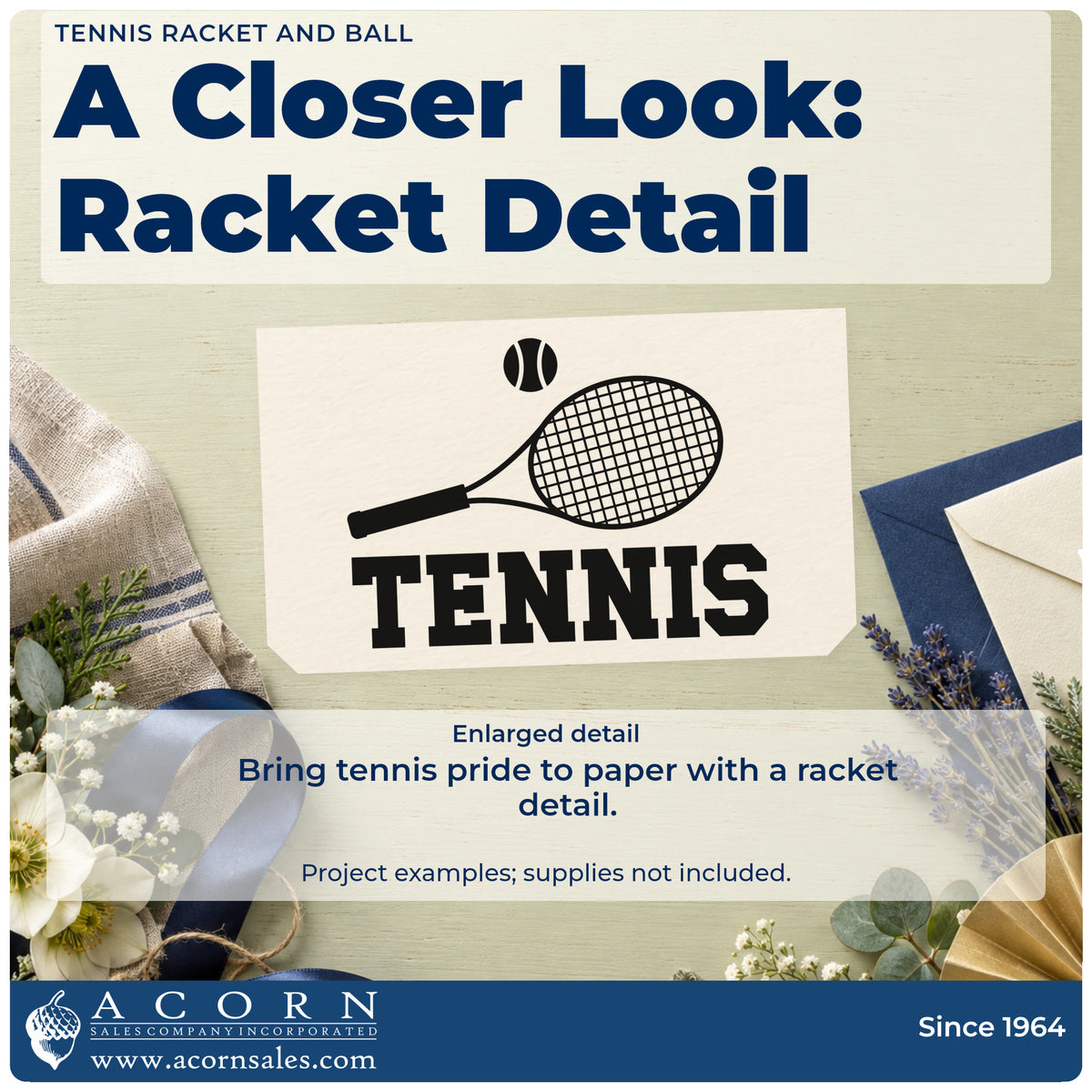 Enlarged detail of the Tennis Name With Racket And Ball Hand Stamp – Duo imprint. A tilted tennis racket and small ball sit above TENNIS.