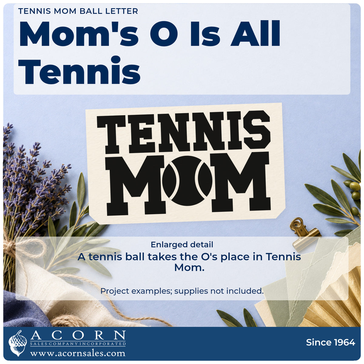 Enlarged detail of the Tennis Mom Ball Typography Pre-Inked Stamp – PSI imprint. TENNIS MOM uses a tennis ball in place of the O.