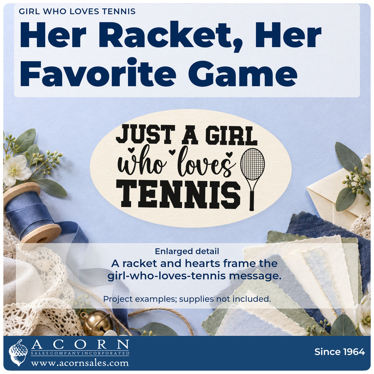 Enlarged detail of the Girl Who Loves Tennis Premium Wooden Stamp – Vintage Pro imprint. JUST A GIRL who loves TENNIS appears beside a racket with small hearts.