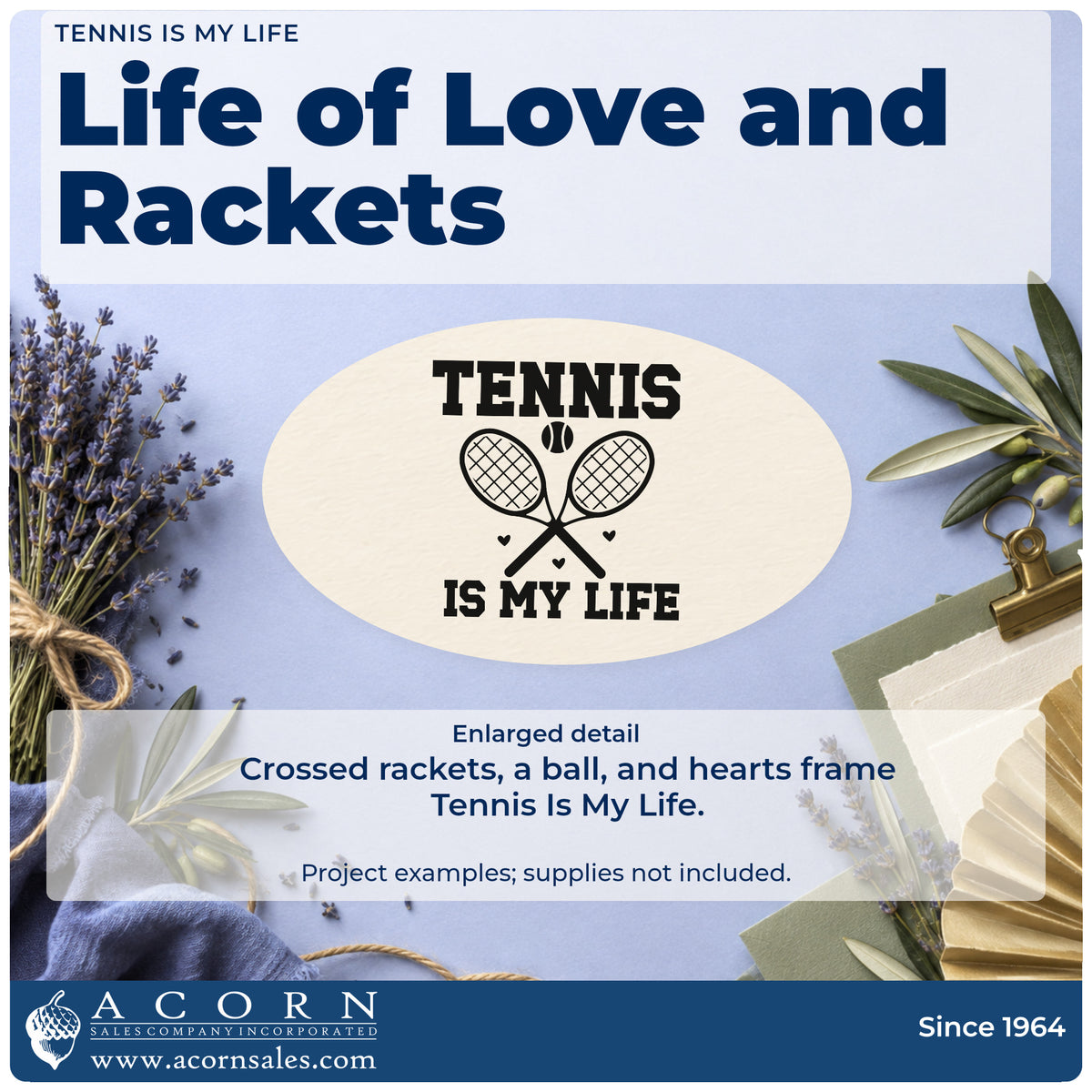 Enlarged detail of the Tennis Is My Life With Hearts Stamp – Premium Vintage Pro Wooden imprint. TENNIS IS MY LIFE surrounds crossed rackets, a ball, and two small hearts.