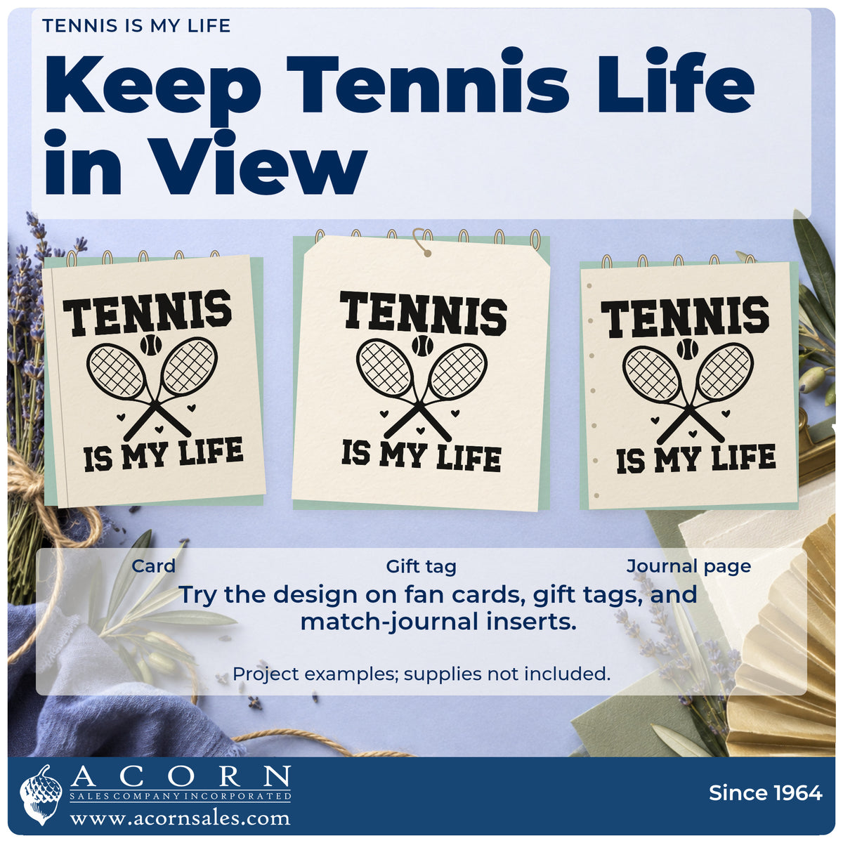 Three project examples made with the Tennis Is My Life With Hearts Stamp – Premium Vintage Pro Wooden, including match result sheet.
