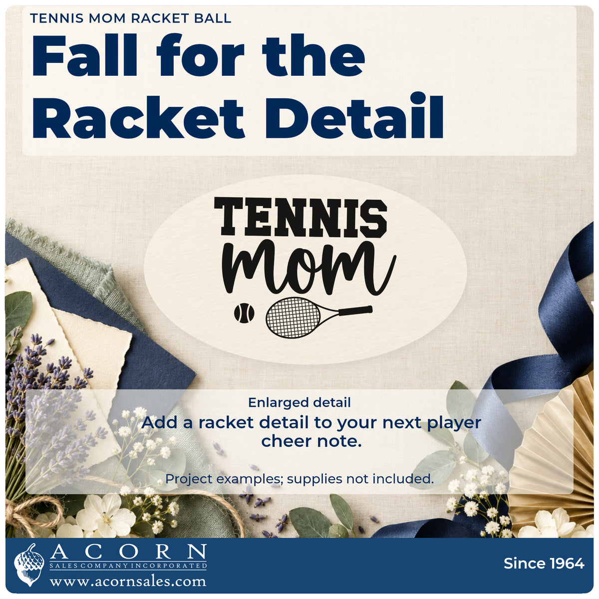 Enlarged detail of the Tennis Mom Racket Ball Rubber Stamp – Wood Handle imprint. TENNIS mom appears above a tennis racket and small ball.
