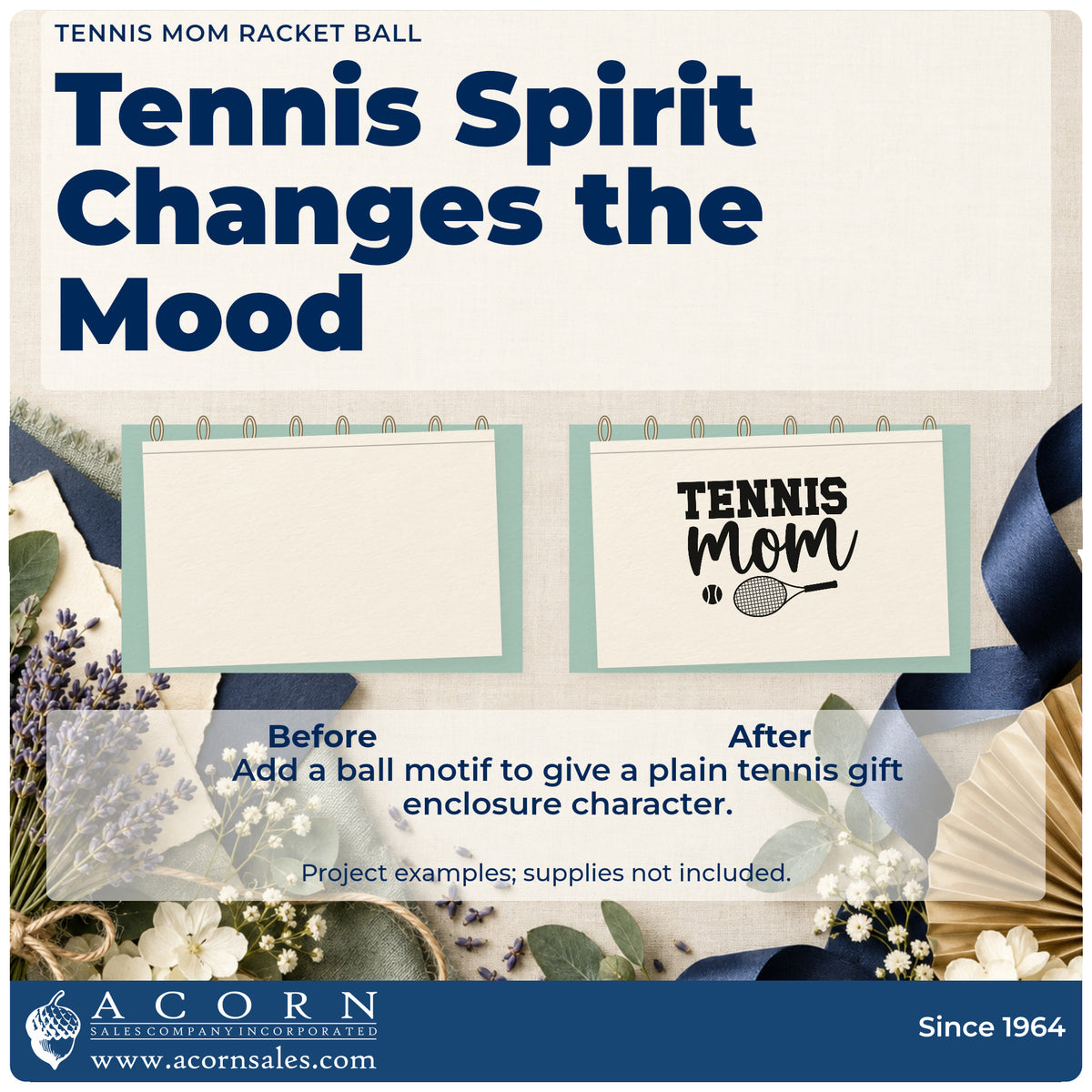 Before and after of a plain item finished with the Tennis Mom Racket Ball Pre-Inked Stamp – Slim, a quick upgrade for framed event tent.