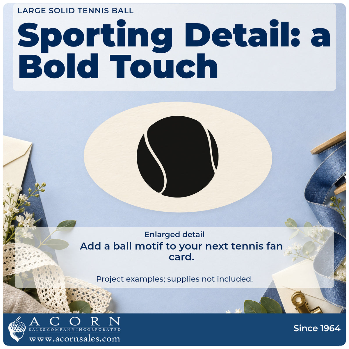 Enlarged detail of the Solid Tennis Ball Seam Silhouette Rubber Stamp – Duo Hand imprint. A large solid tennis ball has two curved negative-space seam lines.