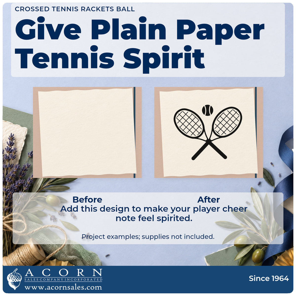 Before and after of a plain item finished with the Crossed Tennis Rackets Ball Stamp – Premium Vintage Pro Wooden, a quick upgrade for framed club foyer.