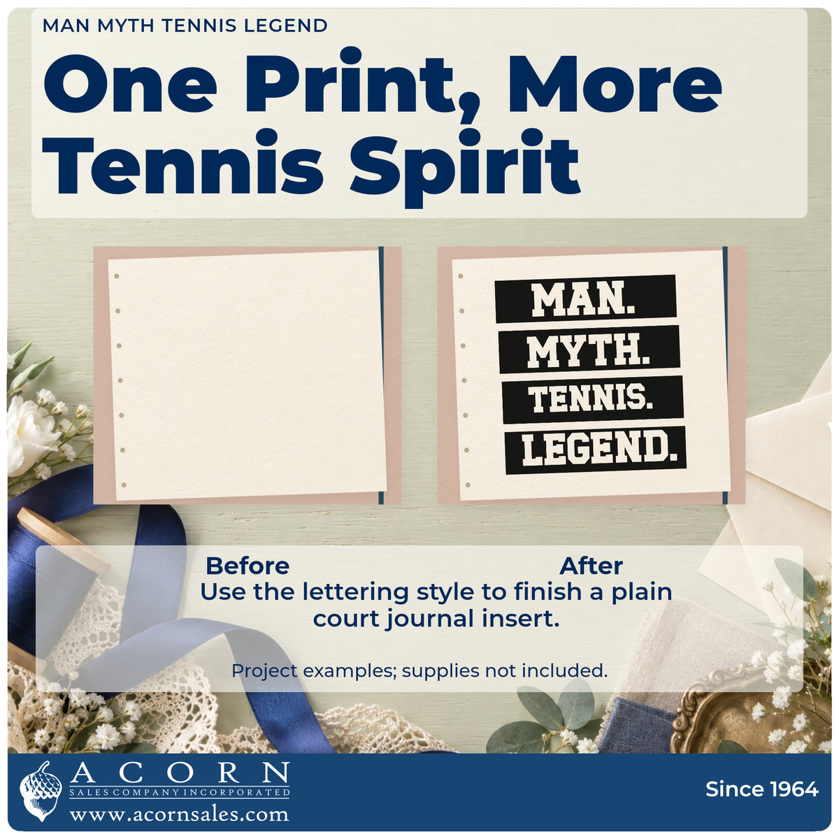 Before and after of a plain item finished with the Premium Wooden Man. Myth. Tennis. Legend. Block Lettering Stamp – Vintage Pro, a quick upgrade for framed club bar.