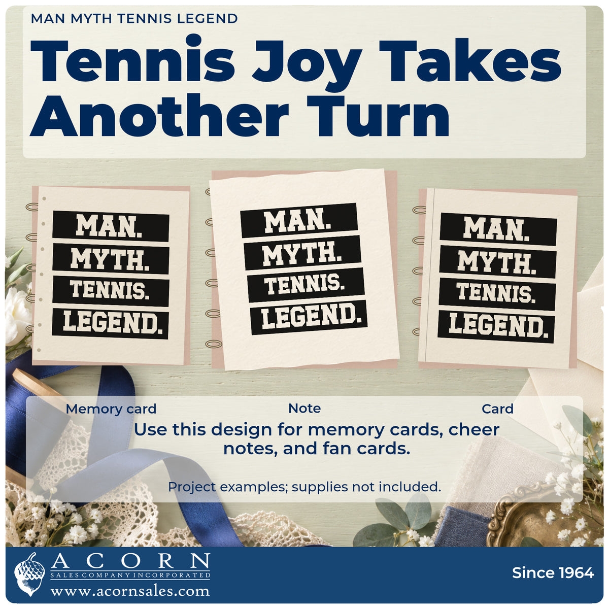 Three project examples made with the Premium Wooden Man. Myth. Tennis. Legend. Block Lettering Stamp – Vintage Pro, including fixture plan sheet.